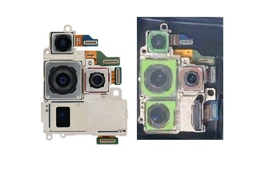三星Galaxy S23 Ultra 摄像头模块（左）与泄露的Galaxy S24 Ultra 四摄像头图片对比。