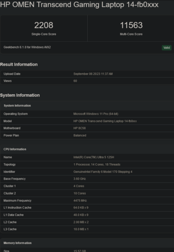 超 5 125H（图片来源：Geekbench）