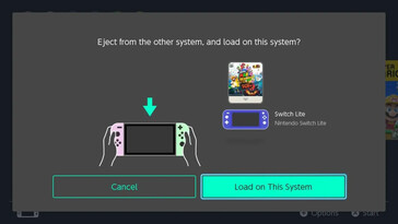 任天堂 Switch 屏幕询问 "从其他系统弹出，并加载到本系统？"，旁边显示的是超级马里奥 3D 世界 + 鲍泽之怒虚拟游戏卡，以及 Switch Lite 图标和 OLED Switch 图标。