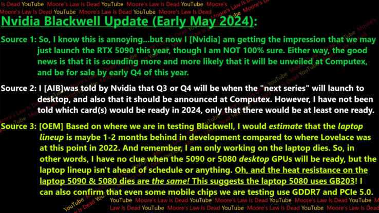 传闻中的 Nvidia Blackwell 笔记本电脑 SKU（图片来自 YouTube 上的 Moore's Law is Dead）