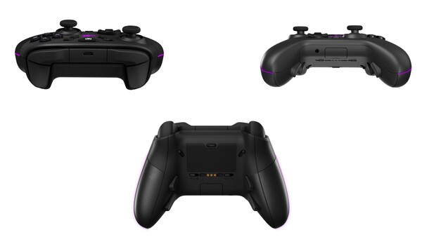 ROG Raikiri II Xbox 无线控制器上有用于充电座的接触点，以及用于连接类型和设备的模式开关。(图片来源：华硕 ROG）