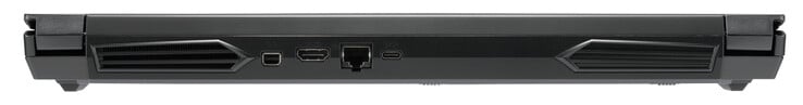 背面。迷你显示端口1.4，HDMI 2.0，千兆以太网，USB 3.2 Gen 2（Type-C；显示端口1.4）。