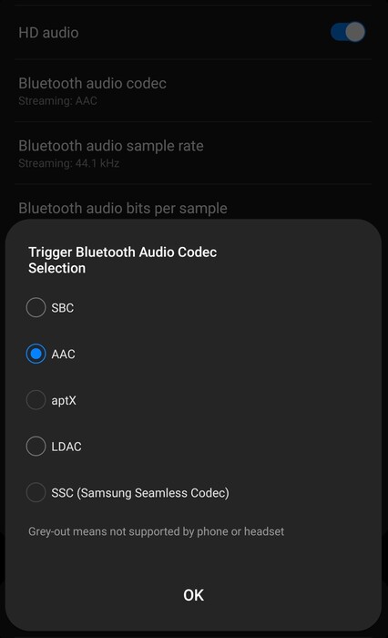 Galaxy S23 Ultra上可用的蓝牙音频编解码器的范围看起来也令人失望。