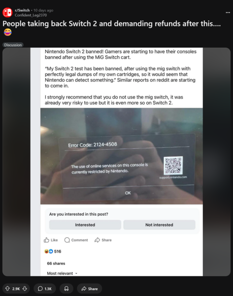 Switch 2 因使用 Mig 闪存卡而被任天堂 Switch Online 禁用（图片来源：Switch subreddit）
