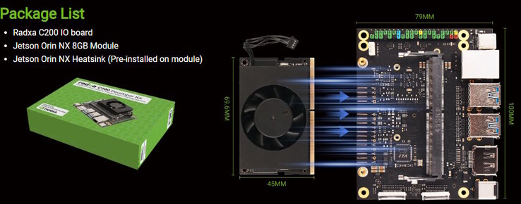 C200 基本上是一块带有主动冷却 Jetson Orin NX 8GB 模块的载板（图片来源：Radxa）
