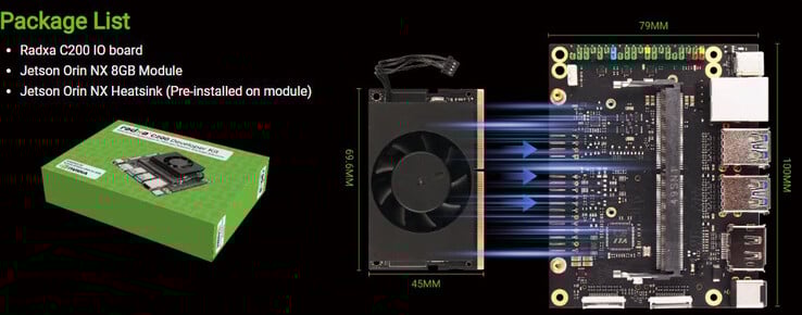 C200 基本上是一块带有主动冷却 Jetson Orin NX 8GB 模块的载板(图片来源:Radxa)