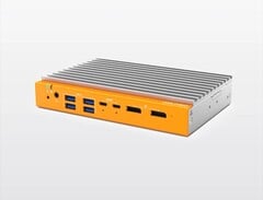 OnLogic Helix 320 无风扇迷你 PC 最高可配备 8 核 Intel CPU,采用银色铝制机身,正面为橙色配色