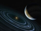 一幅艺术家绘制的插图，描绘了一颗蓝色行星和两颗恒星。