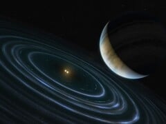 一幅艺术家绘制的插图，描绘了一颗蓝色行星和两颗恒星。