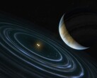 一幅艺术家绘制的插图，描绘了一颗蓝色行星和两颗恒星。