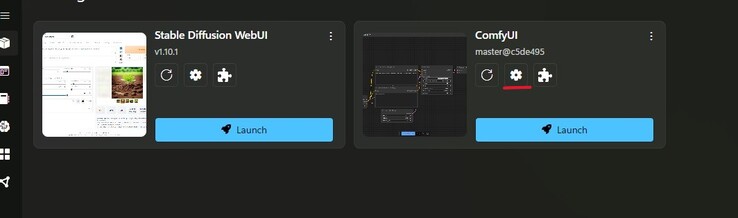 Stability Matrix 软件包中心的截图，其中 ComfyUI 磁贴上的设置以红色突出显示。(图片来源：Windows 屏幕截图）