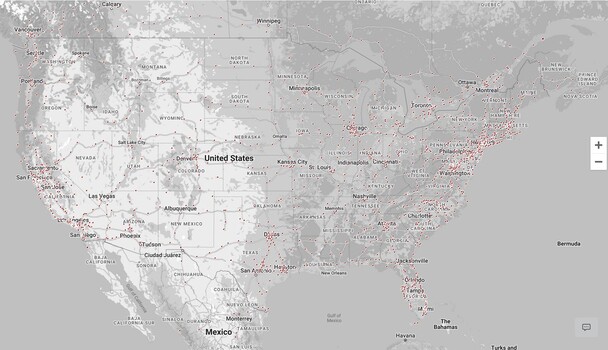 特斯拉的超级充电站遍布北美地区，其数量以千计。(图片来源: 特斯拉)