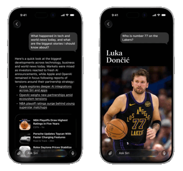 对话视图可以通过从 Siri 结果或 Siri 应用程序中向下滑动来访问，其中包括新闻和设备数据等结果的信息卡（左图）。