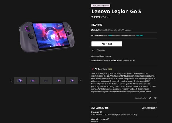 配备 SteamOS 的Legion Go S 的价格上涨了 450 美元。