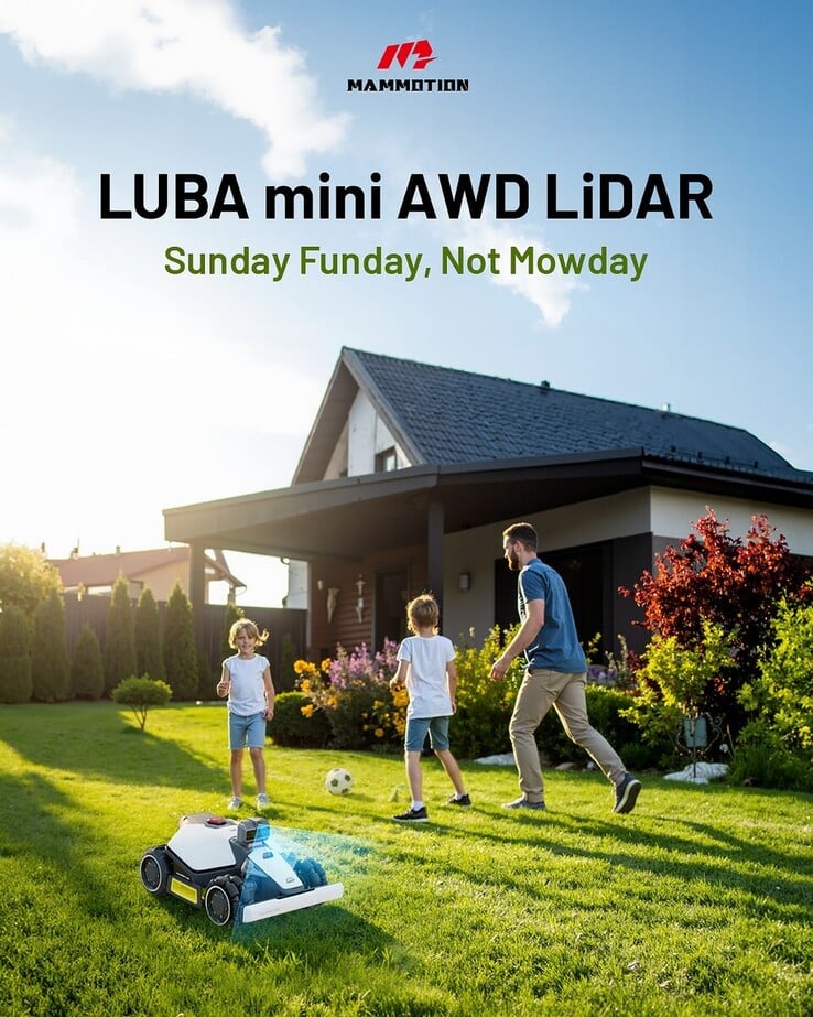社交媒体上分享的 Mammotion Luba mini AWD LiDAR 机器人割草机海报。(图片来源：Mammotion）