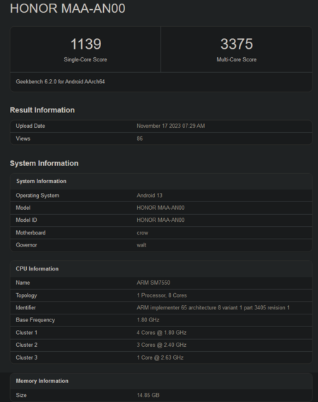 骁龙 7 代 3 Geekbench 跑分（图片来自 Geekbench）