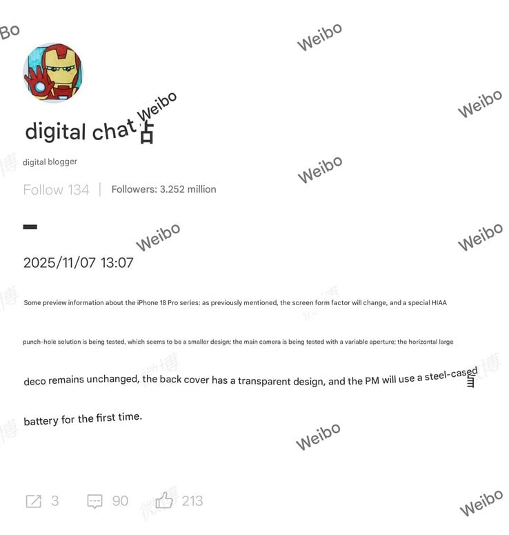 IPhone 18 Pro 硬件传闻。(图片来源：数字聊天站）