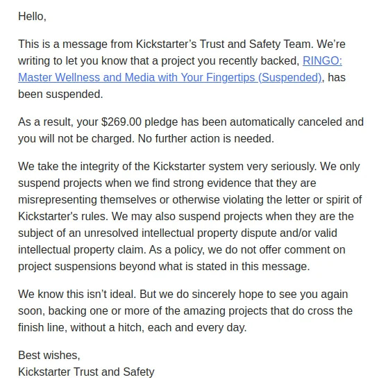 Kickstarter 发给 Ringo 募捐活动支持者的电子邮件。(图片来源：Kickstarter）