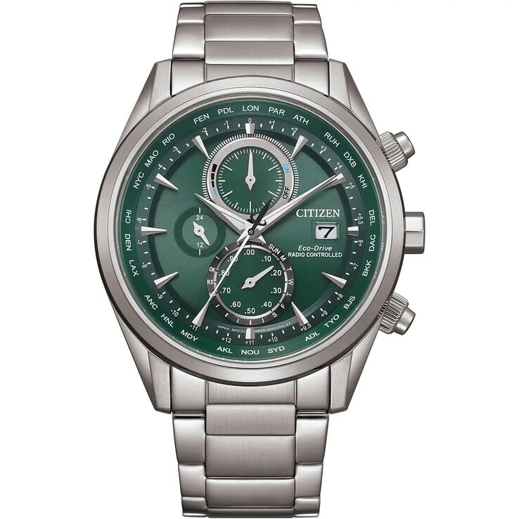 Citizen AT8260-85x 腕表,配有绿色表盘、三个小表盘、不锈钢表壳和三链节表链。