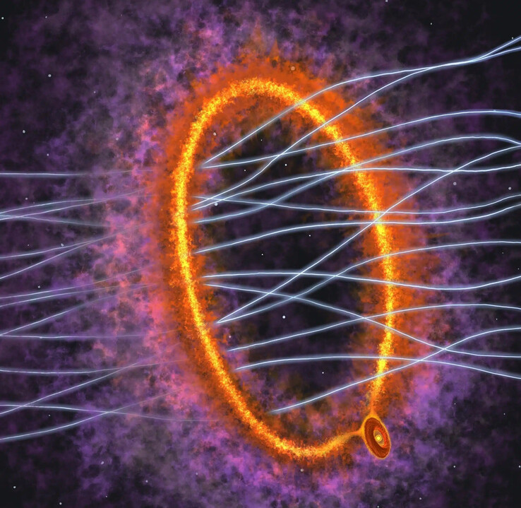 显示气体环和年轻恒星 MC 27 的插图。