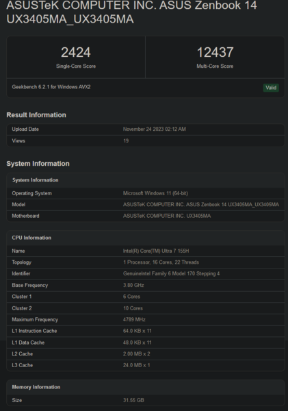 英特尔酷睿至尊 7 155H Geekbench 跑分（图片来自 Geekbench）