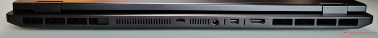 后部USB-C 4.0（40 GBit/s、DisplayPort 2.1（通过 iGPU、140W Power Delivery）、电源装置、Mini-DisplayPort 2.1（通过 dGPU、DP40/UHBR10、VRR/G-Sync）、HDMI 2.1（通过 dGPU、48 GBit/s、HDCP 2.3、VRR/G-Sync）