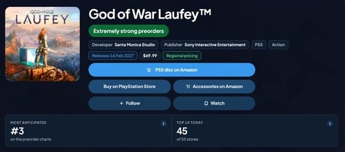 《战神:劳菲》在 PlayStation Store 上的预购排名已曝光