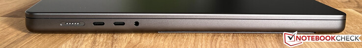 左侧MagSafe、2x USB-C 4.0 w/ Thunderbolt 4（40 Gbps、DisplayPort-ALT 模式 1.4、Power Delivery）、3.5 毫米立体声