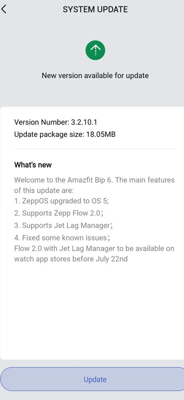 Amazfit Bip 6 智能手表 3.2.10.1 版软件的发布说明。(图片来源：Amazfit）
