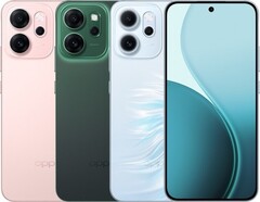 Oppo Reno14 F 有亮粉色、荧光绿和乳白色三种颜色可供选择（图片来源：Oppo）