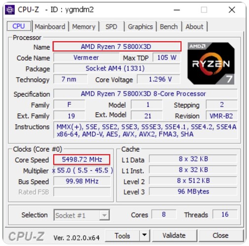 未解锁的Ryzen 7 5800X3D。(图片来源：CPU-Z验证器)