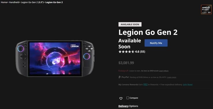 Lenovo 网站上的 Legion Go 2 产品页面。