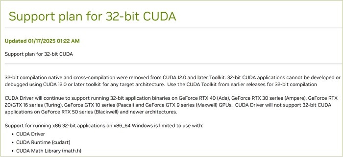 Nvidia 关于未来 32 位 CUDA 支持的通知。(图片来源：Nvidia）