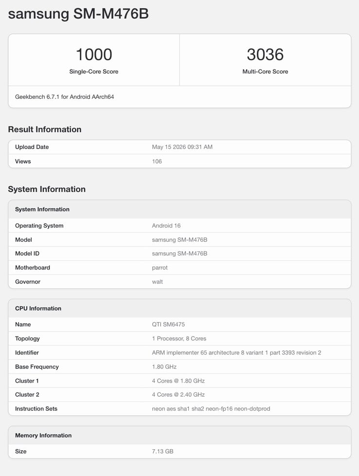 Geekbench上出现了据称是Galaxy M47 5G的条目。