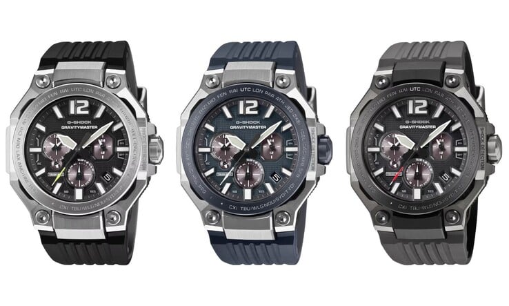 从左到右：卡西欧 G-Shock GWR-B3000-1A、GWR-B3000A-2A 和 GWR-B3000B-8A 手表