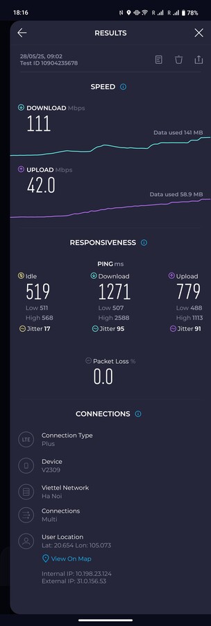 越南迈州农村地区的 4G 接收效果尚可。