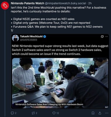 任天堂专利观察对 Switch 2 游戏销量的评论(图片来源:截图,任天堂专利观察 Bluesky 账号)