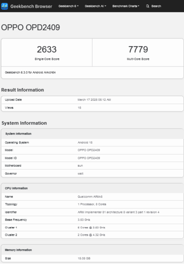 ......而 "Oppo Pad 4 Pro "则悄然出现在 Geekbench 上。(来源：3C via MySmartPrice, Geekbench）