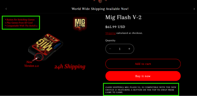 migflashunited.com 在其产品页面的两个不同位置声称与 Switch 2 兼容，尽管其他网站并没有这样的声明（图片来源：migflashunited.com）。