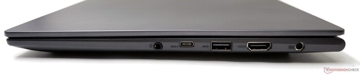 右：3.5 毫米组合音频插孔、USB 3.2 Gen2 Type-C（Power Delivery/DisplayPort）、USB 3.2 Gen1 Type-A、HDMI 2.1 TMDS-输出、DC-输入