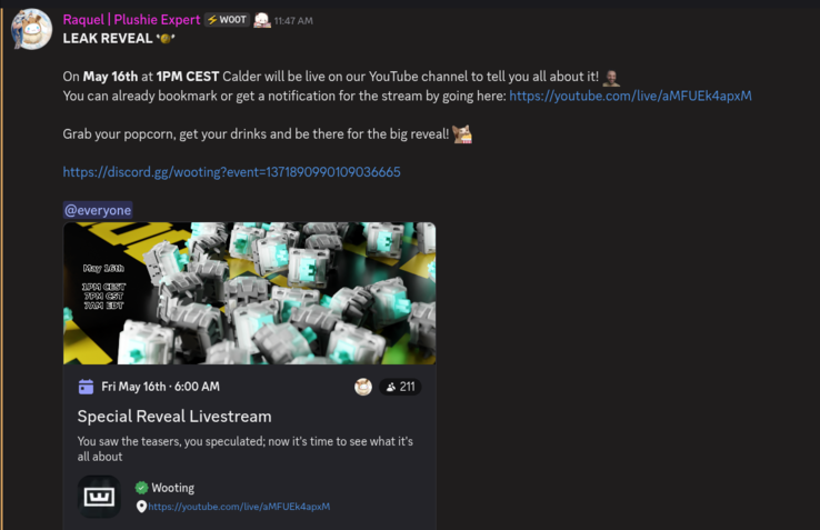 Wooting Discord 宣布将于 5 月 16 日推出现场直播