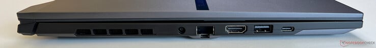 左：电源输入、千兆以太网、HDMI 2.1、USB 3.2 Gen 1 Type-A（5 Gbit/s）、USB4 Type-C（40 GBit/s）、DisplayPort 1.4、Power Delivery 3.0