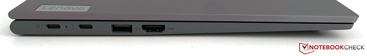 左边：2个雷电4（40Gbit/s，DisplayPort Alt-Mode 1.4a，Power Delivery 3.0），USB-A（3.2 Gen.1），HDMI 2.0