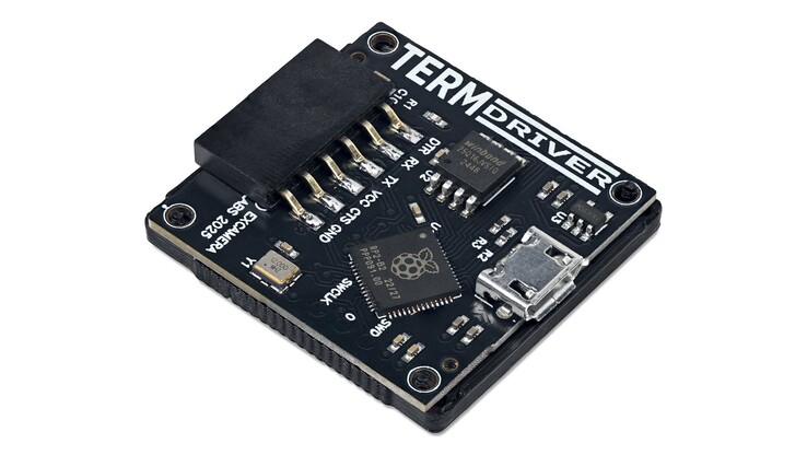 TermDriver 2 USB 转串行适配器底视图，显示 RP2040 微控制器、微型 USB 端口、UART 接头和支持电路