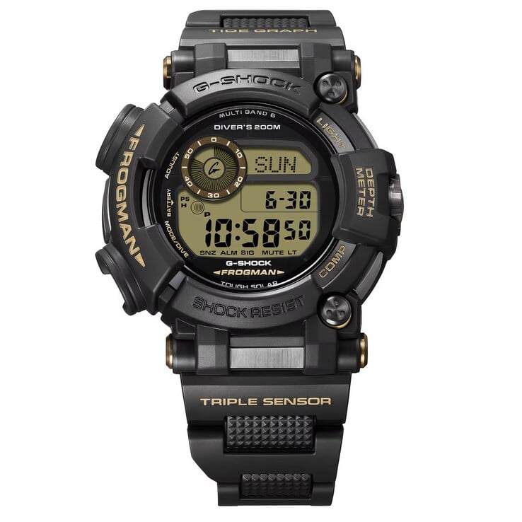卡西欧 G-Shock Frogman GWF-D1000BC-1JF 腕表采用全黑表壳,配以浅棕色点缀,并配备金属与树脂复合表带。