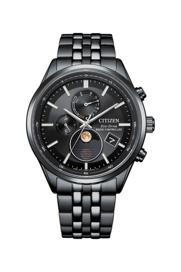Citizen BY1035-56E Eco-Drive 月相腕表,采用全黑不锈钢表壳和表链,黑色表盘,模拟月相显示,双副表盘及日期窗口。