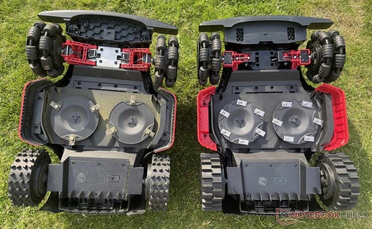 Dreame A3 AWD Pro（左）的前悬架结构更为坚固，而 Mova LiDAX Ultra AWD（右）的叶片数量则是其两倍
