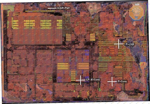 英特尔的 18A Panther Lake 计算模块，包含 CPU 核心、缓存和内存接口。