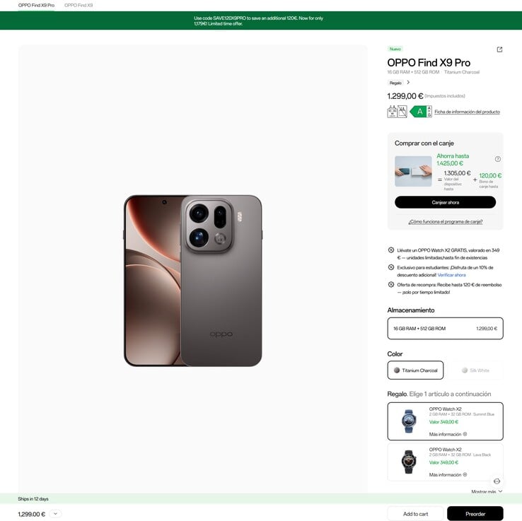 在西班牙,购买 OPPO Find X9 Pro 可享受 120 欧元的折扣,还可获赠 OPPO Watch X2。