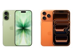 配备双摄像头的绿色 iPhone 17 和配备三摄像头的橙色 iPhone 17 Pro 的并排图片。(图片来源：Apple)